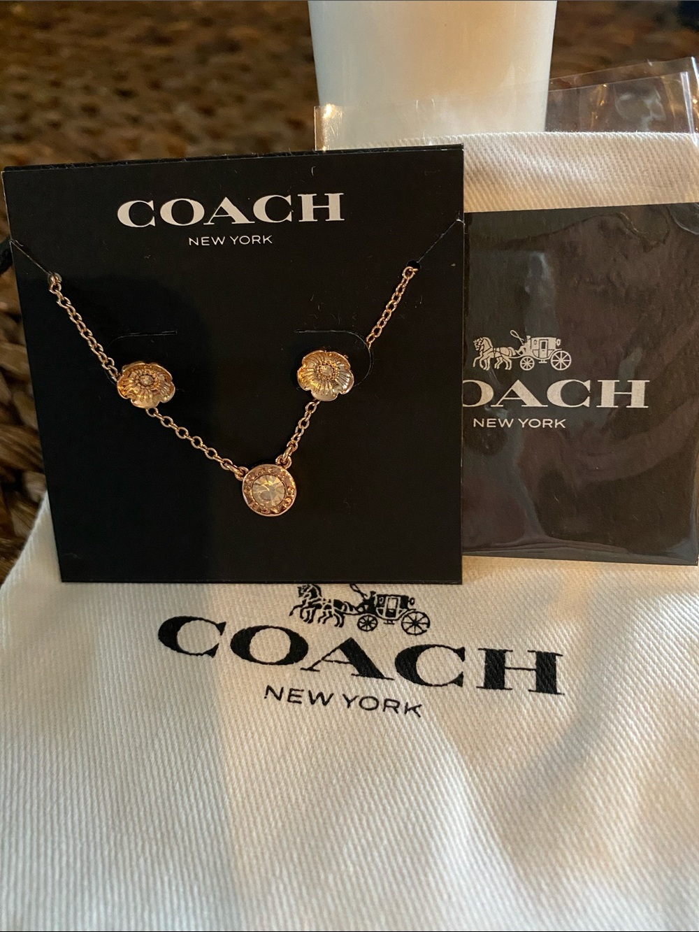 Coach Rose Gold Floral Charm Necklace and Earrings